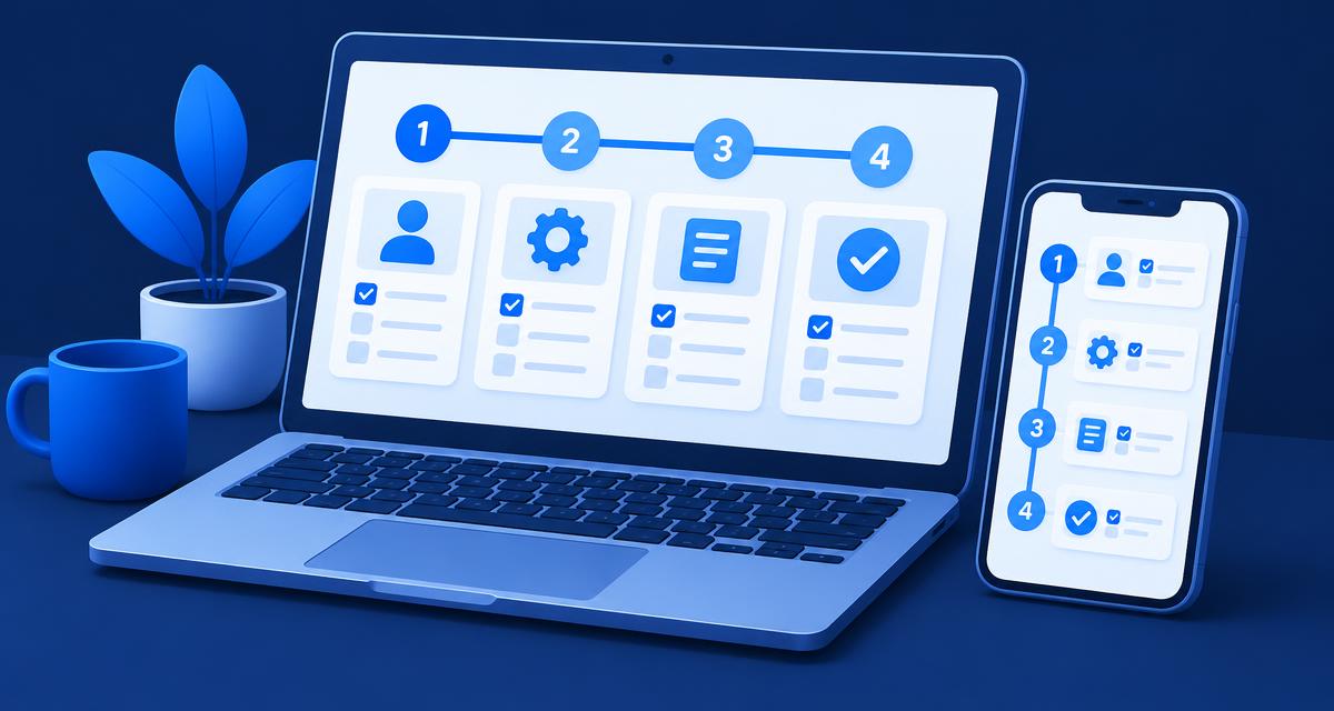 Illustration of a laptop and phone showing numbered step-by-step checklist screens