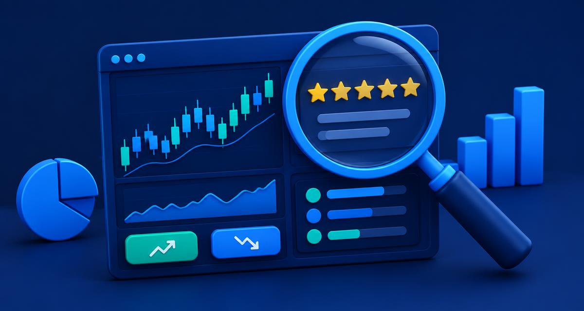 Illustration of a magnifying glass rating a trading dashboard with stars
