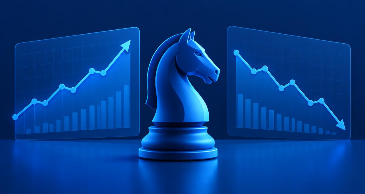 Illustration of a chess knight between a rising and a falling probability chart
